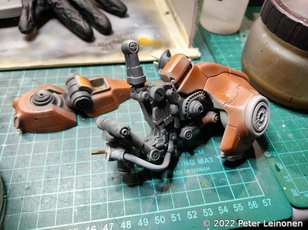 Legs and feet primed and base coated with anthracite grey and rust