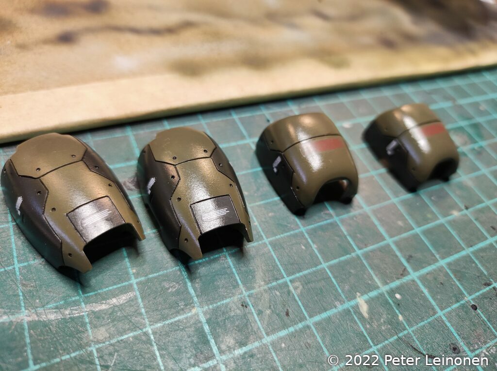 Adding decals to the leg armour.